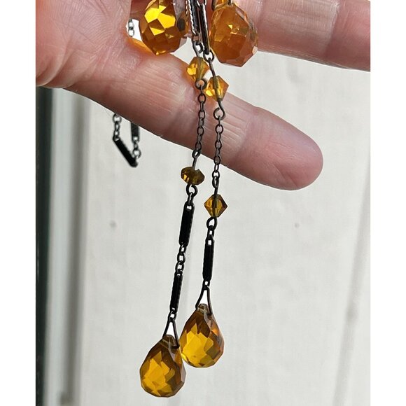 Amber Crystal Bolo Style Drop Necklace With Blackened Chain & Faceted Beads - Picture 3 of 8
